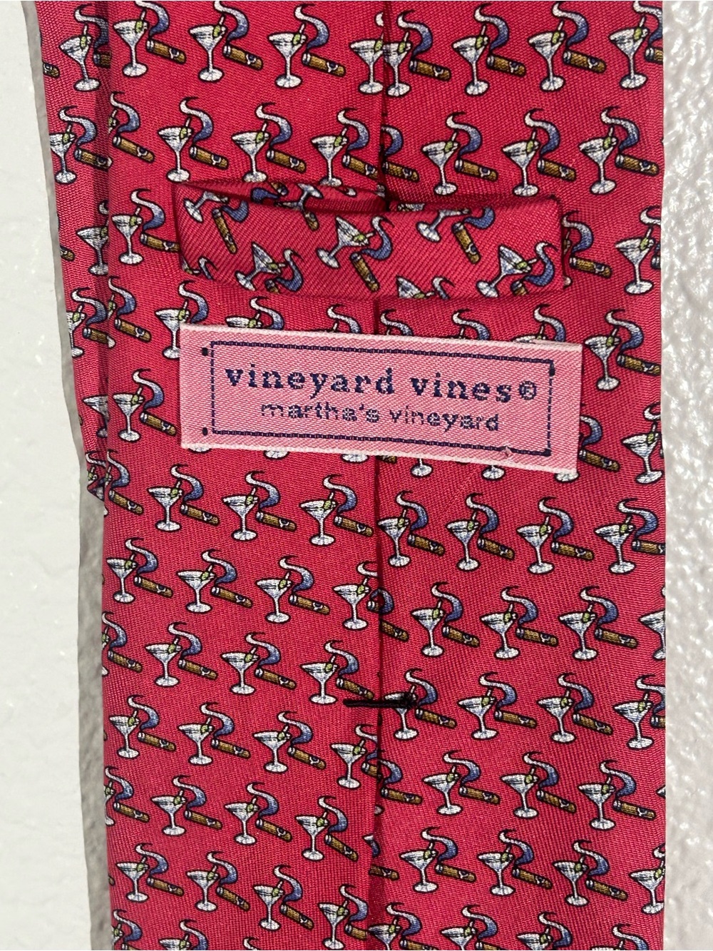 Vineyard Vines Red Micro-Pattern Martini and Cigar Print Silk Tie